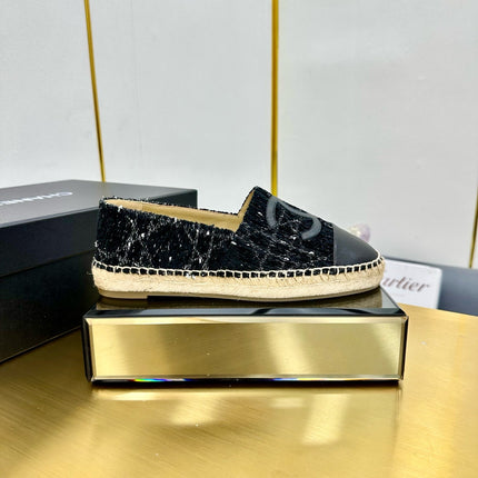 CC ESPADRILLES PLATFORM 25S IN BLACK TWEED AND LAMBSKIN WITH WHITE STRIPES