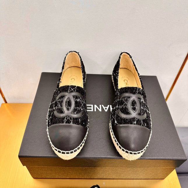 CC ESPADRILLES PLATFORM 25S IN BLACK TWEED AND LAMBSKIN WITH WHITE STRIPES