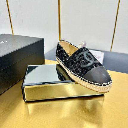 CC ESPADRILLES PLATFORM 25S IN BLACK TWEED AND LAMBSKIN WITH WHITE STRIPES