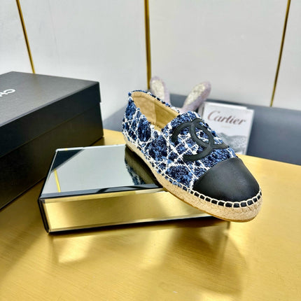CC ESPADRILLES PLATFORM 25S IN BLUE TWEED MIX BLACK CALFSKIN