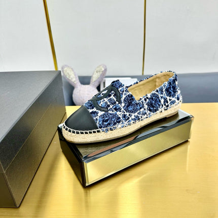 CC ESPADRILLES PLATFORM 25S IN BLUE TWEED MIX BLACK CALFSKIN