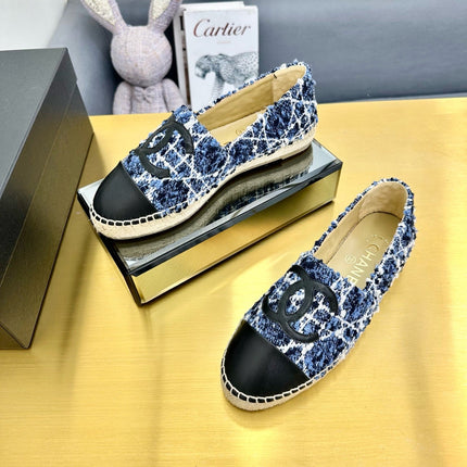 CC ESPADRILLES PLATFORM 25S IN BLUE TWEED MIX BLACK CALFSKIN
