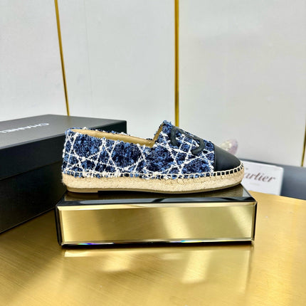 CC ESPADRILLES PLATFORM 25S IN BLUE TWEED MIX BLACK CALFSKIN