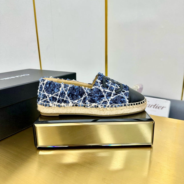 CC ESPADRILLES PLATFORM 25S IN BLUE TWEED MIX BLACK CALFSKIN