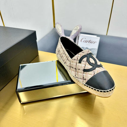 CC ESPADRILLES PLATFORM 25S IN LIGHT BEIGE TWEED MIX BLACK CALFSKIN WITH PLAID PATTERN