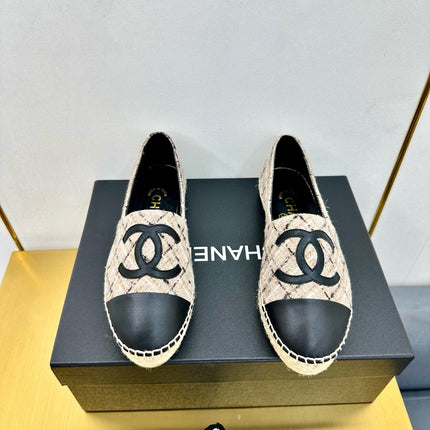 CC ESPADRILLES PLATFORM 25S IN LIGHT BEIGE TWEED MIX BLACK CALFSKIN WITH PLAID PATTERN