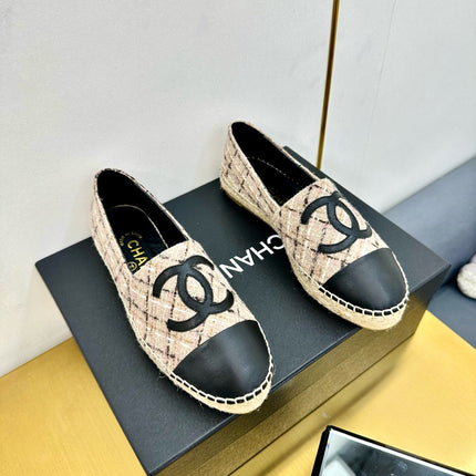 CC ESPADRILLES PLATFORM 25S IN LIGHT BEIGE TWEED MIX BLACK CALFSKIN WITH PLAID PATTERN