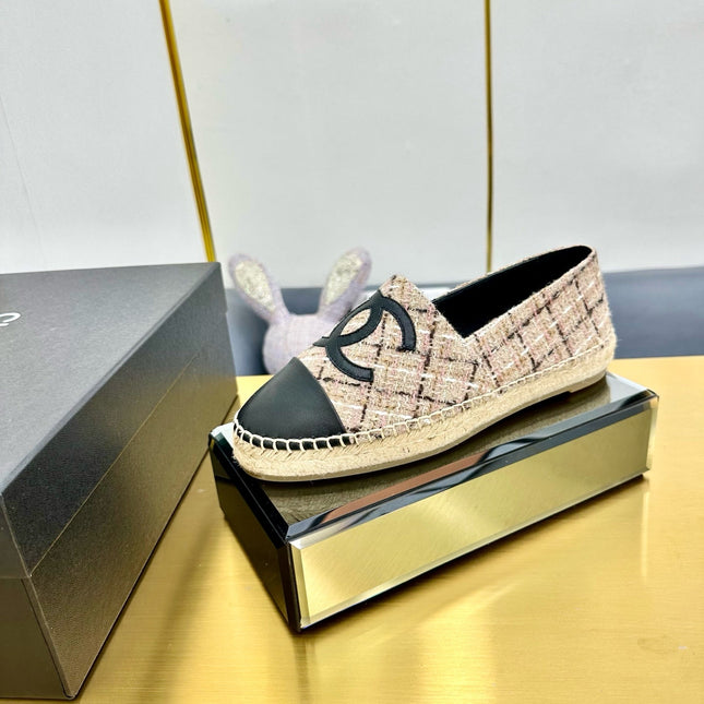 CC ESPADRILLES PLATFORM 25S IN LIGHT BEIGE TWEED MIX BLACK CALFSKIN WITH PLAID PATTERN