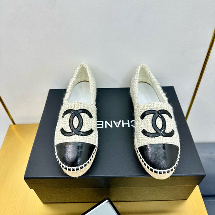 CC ESPADRILLES PLATFORM 25S IN WHITE TWEED MIX BLACK GLOSSY LEATHER