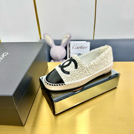 CC ESPADRILLES PLATFORM 25S IN WHITE TWEED MIX BLACK GLOSSY LEATHER