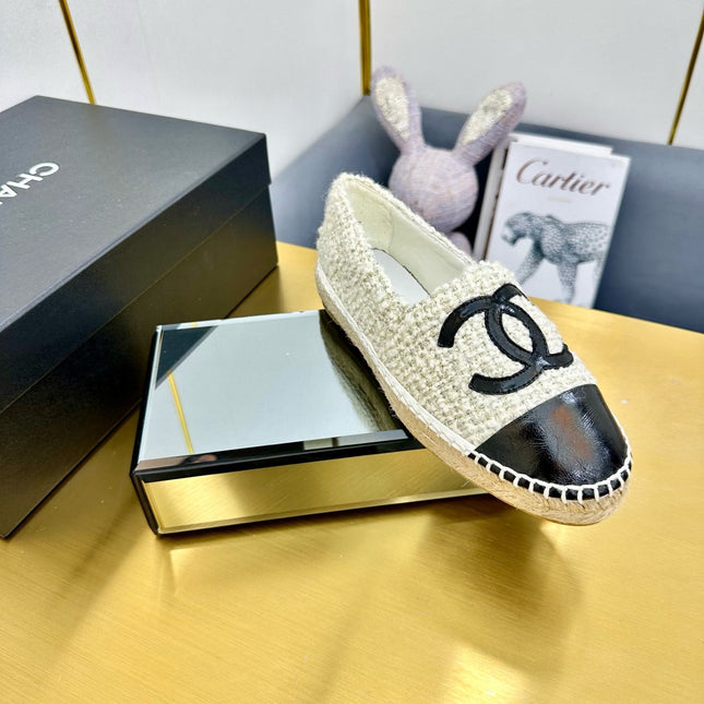 CC ESPADRILLES PLATFORM 25S IN WHITE TWEED MIX BLACK GLOSSY LEATHER