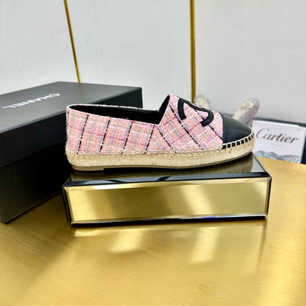 CC ESPADRILLES PLATFORM 25S IN PINK TWEED MIX BLACK CALFSKIN WITH LINED PATTERN