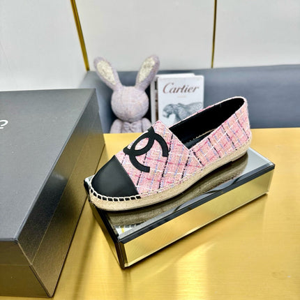 CC ESPADRILLES PLATFORM 25S IN PINK TWEED MIX BLACK CALFSKIN WITH LINED PATTERN