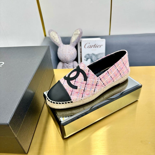 CC ESPADRILLES PLATFORM 25S IN PINK TWEED MIX BLACK CALFSKIN WITH LINED PATTERN