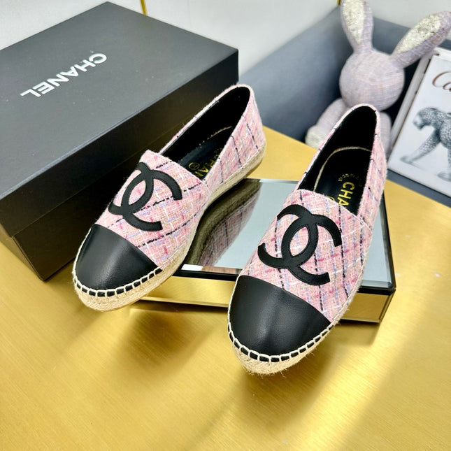 CC ESPADRILLES PLATFORM 25S IN PINK TWEED MIX BLACK CALFSKIN WITH LINED PATTERN