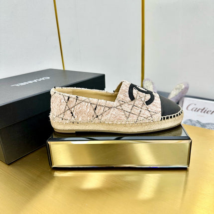 CC ESPADRILLES PLATFORM 25S IN LIGHT BEIGE TWEED MIX BLACK CALFSKIN WITH LINED PATTERN