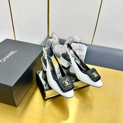 CC SLINGBACK 25S IN WHITE MIX BLACK CALFSKIN WITH GOLD HARDWARE