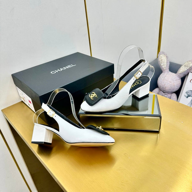 CC SLINGBACK 25S IN WHITE MIX BLACK CALFSKIN WITH GOLD HARDWARE