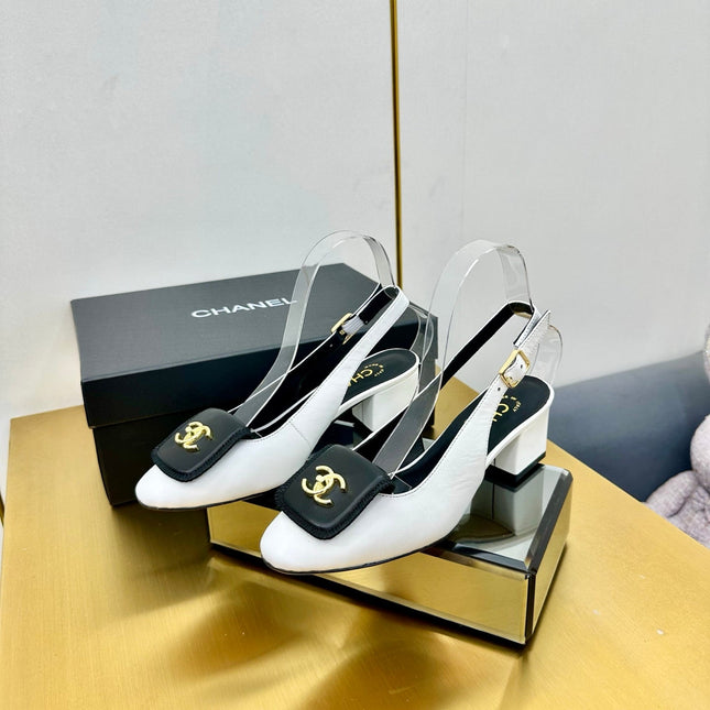 CC SLINGBACK 25S IN WHITE MIX BLACK CALFSKIN WITH GOLD HARDWARE