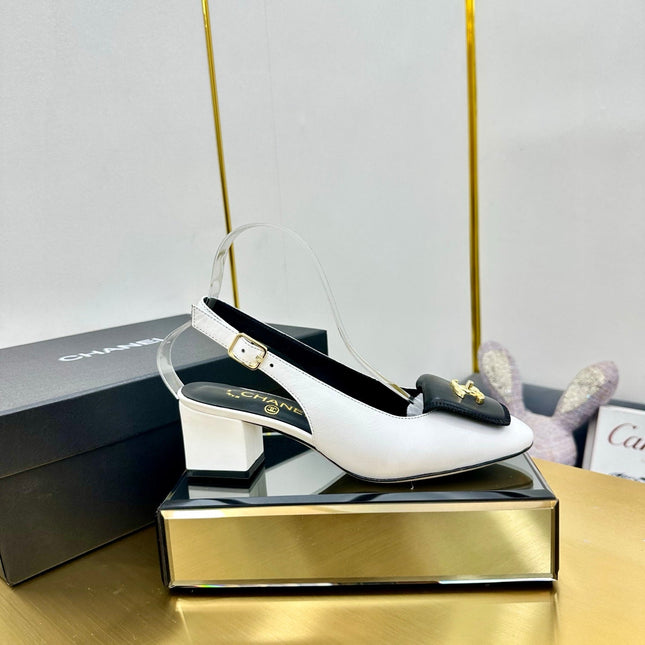 CC SLINGBACK 25S IN WHITE MIX BLACK CALFSKIN WITH GOLD HARDWARE