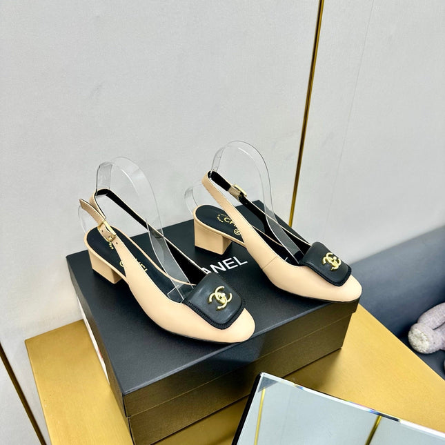 CC SLINGBACK 25S IN BEIGE MIX BLACK CALFSKIN WITH GOLD HARDWARE