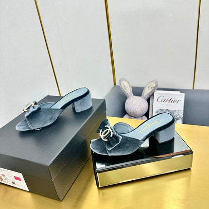 BOWKNOT RHINESTONES MID HEEL MULE IN STONE BLUE VELVET