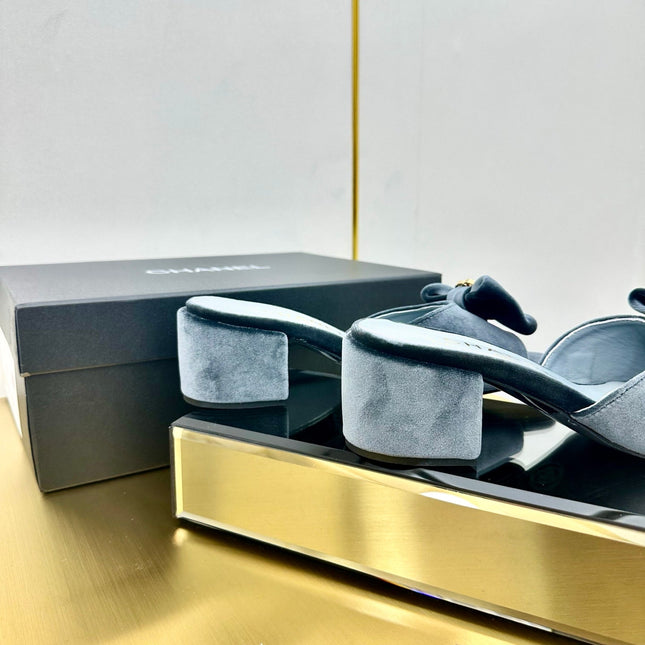 BOWKNOT RHINESTONES MID HEEL MULE IN STONE BLUE VELVET