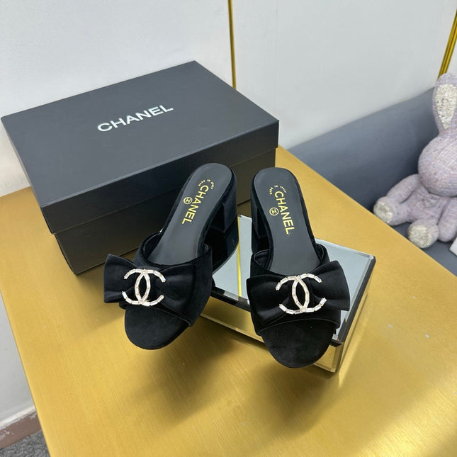 BOWKNOT RHINESTONES MID HEEL MULE IN BLACK VELVET