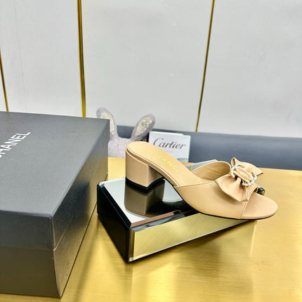 BOWKNOT RHINESTONES MID HEEL MULE IN FLAX YELLOW CALFSKIN