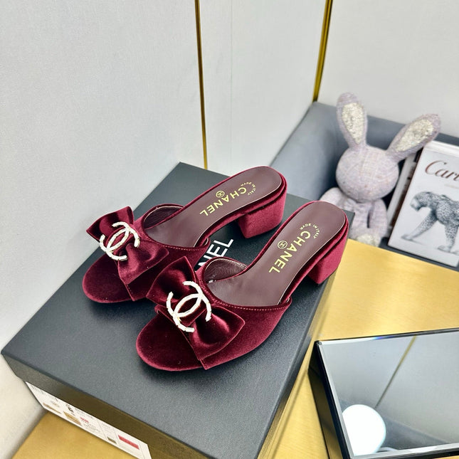 BOWKNOT RHINESTONES MID HEEL MULE IN GARNET RED VELVET