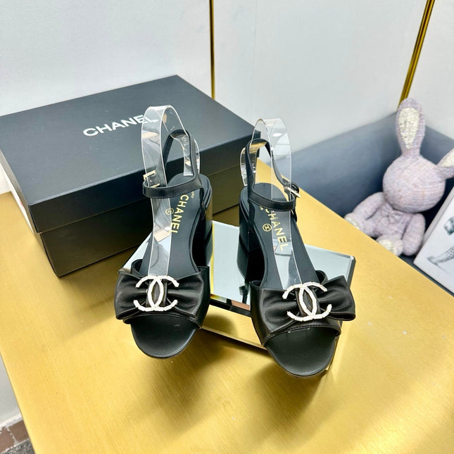 BOWKNOT RHINESTONES MID HEEL SANDAL IN BLACK CALFSKIN