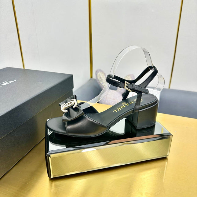 BOWKNOT RHINESTONES MID HEEL SANDAL IN BLACK CALFSKIN