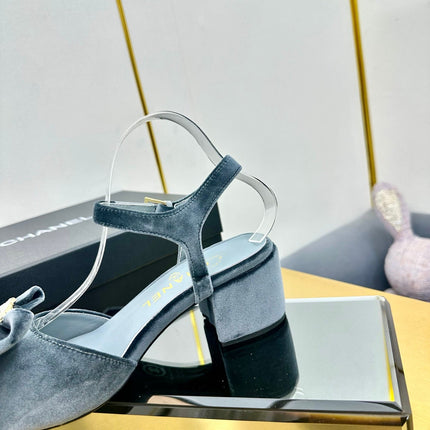 BOWKNOT RHINESTONES MID HEEL SANDAL IN STONE BLUE VELVET