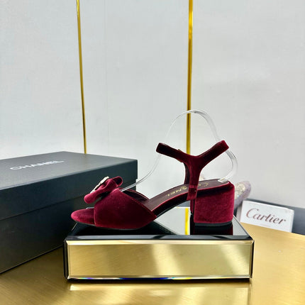 BOWKNOT RHINESTONES MID HEEL SANDAL IN GARNET RED VELVET