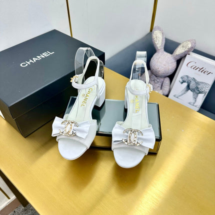 BOWKNOT RHINESTONES MID HEEL SANDAL IN WHITE LAMBSKIN