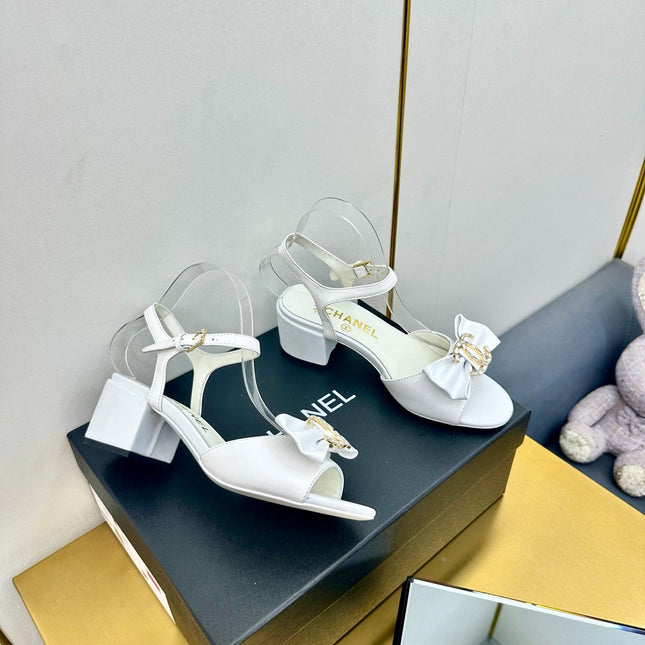 BOWKNOT RHINESTONES MID HEEL SANDAL IN WHITE LAMBSKIN