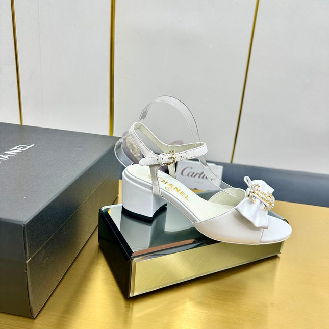 BOWKNOT RHINESTONES MID HEEL SANDAL IN WHITE LAMBSKIN