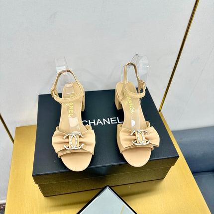 BOWKNOT RHINESTONES MID HEEL SANDAL IN FLAX YELLOW LAMBSKIN