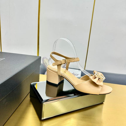 BOWKNOT RHINESTONES MID HEEL SANDAL IN FLAX YELLOW LAMBSKIN