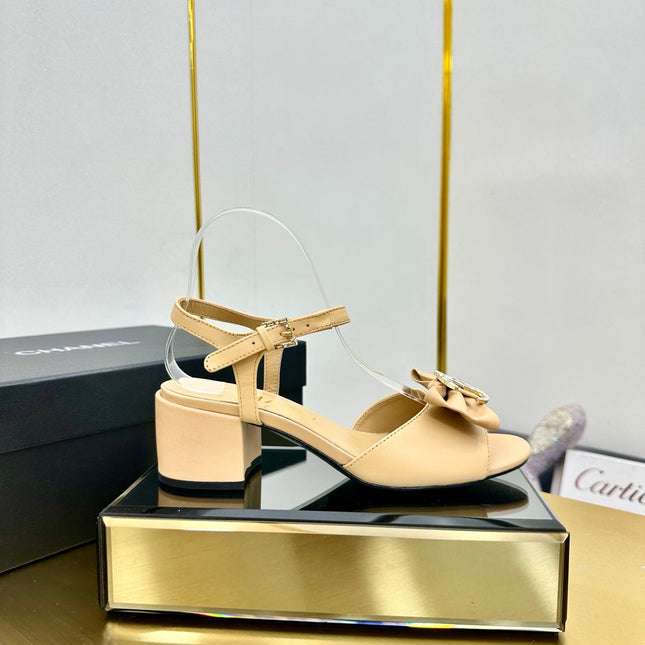 BOWKNOT RHINESTONES MID HEEL SANDAL IN FLAX YELLOW LAMBSKIN