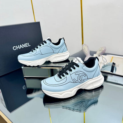 TRAINERS SNEAKER IN LIGHT BLUE CALFSKIN WITH BLACK EMBROIDERED