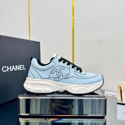 TRAINERS SNEAKER IN LIGHT BLUE CALFSKIN WITH BLACK EMBROIDERED