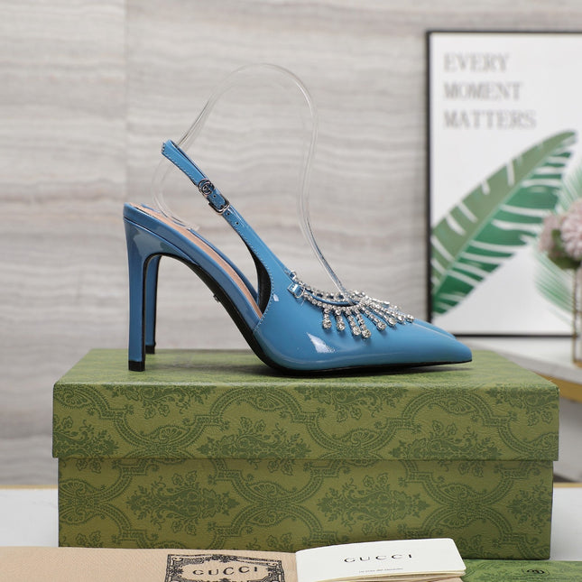 GG CRYSTAL HIGH HEEL SANDAL CERULEAN LAMBSKIN