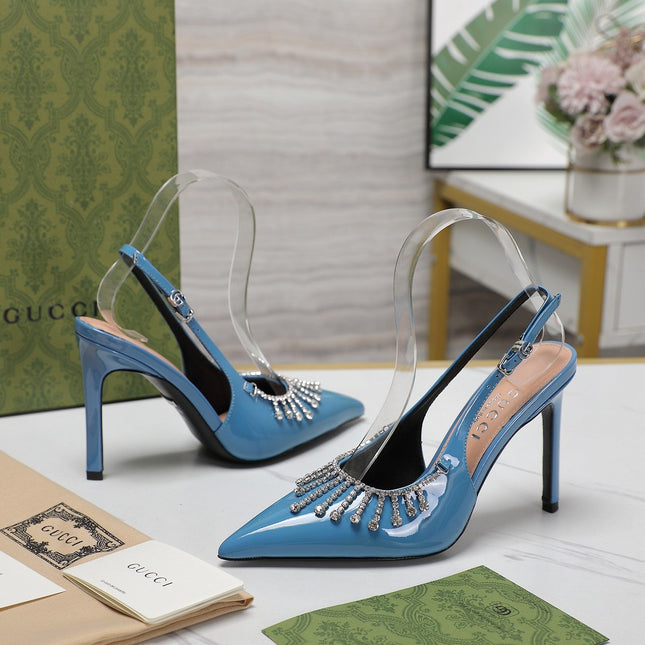 GG CRYSTAL HIGH HEEL SANDAL CERULEAN LAMBSKIN