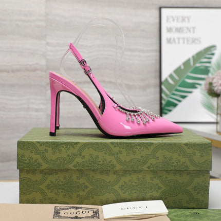 GG CRYSTAL HIGH HEEL SANDAL BRIGHT PINK LAMBSKIN