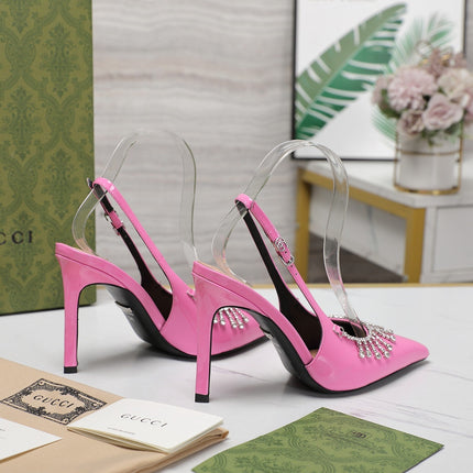 GG CRYSTAL HIGH HEEL SANDAL BRIGHT PINK LAMBSKIN