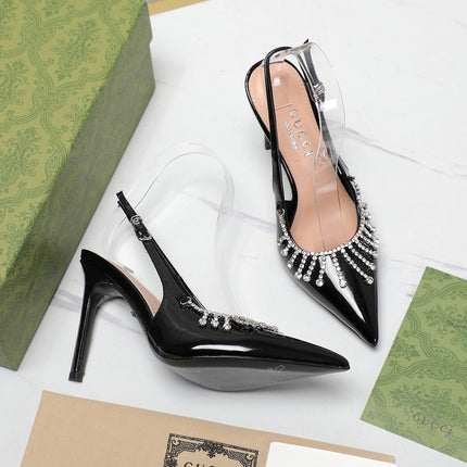 GG CRYSTAL HIGH HEEL SANDAL BLACK LAMBSKIN