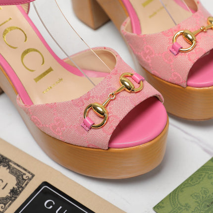 GG HORSEBIT WEDGE SANDAL IN PINK MONOGRAM JACQUARD FABRIC AND SHEEPSKIN LINING