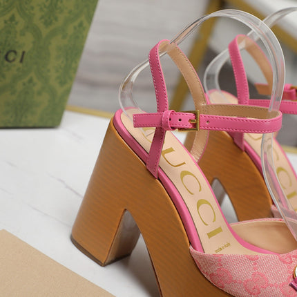 GG HORSEBIT WEDGE SANDAL IN PINK MONOGRAM JACQUARD FABRIC AND SHEEPSKIN LINING