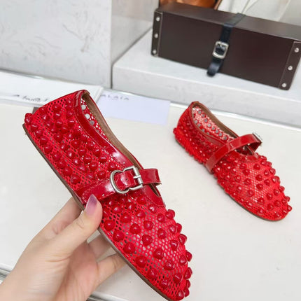 ALAIA MARY JANE SHOES IN CHERRY RED STUDDED FISHNET MESH AND CALFSKIN